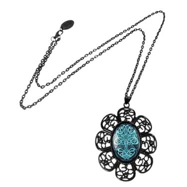 Imagem de Colar com pingente de árvore da vida - arte celta tradicional, árvore tribal, moldura de filigrana preta, corrente de 61 cm - 791-JBFN, grande, metal, sem pedra preciosa