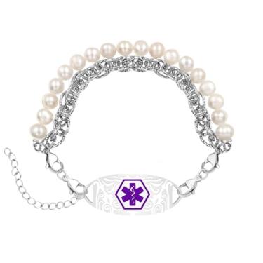 Imagem de Vivaday Pulseira feminina de alerta médico | Corrente dupla pérola e aço inoxidável | Identificação médica intercambiável gravável | Fecho lagosta ajustável | Pulseira moderna de luxo YA6302, Medium
