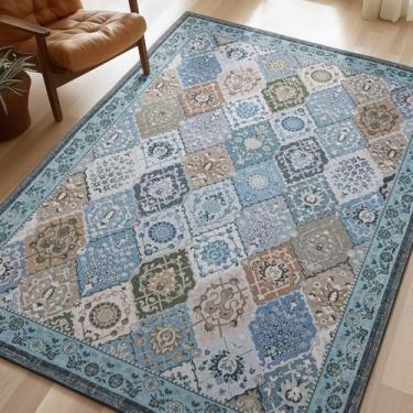 Imagem de Phantoscope Tapete vintage Collection 1,8 m x 2,5 m, tapetes laváveis de pelo baixo com mosaico marroquino envelhecido e padrão de azulejo de diamante, tapete antiderrapante para sala de estar, quarto