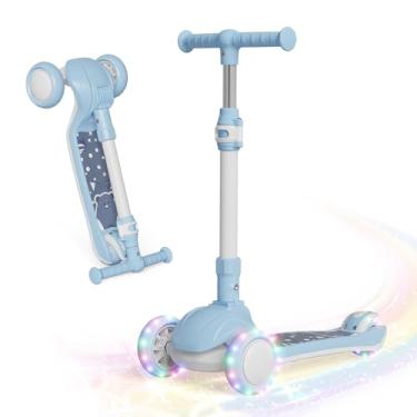 Imagem de Patinete infantil com rodas iluminadas por LED e 3 alturas ajustáveis, plataforma antiderrapante inclinada para dirigir e larga, scooter de 3 rodas para meninos e meninas de até 50 kg