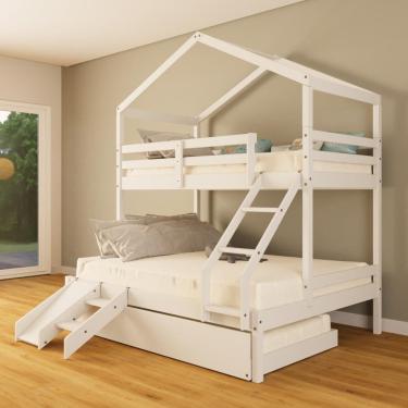 Imagem de Treliche Casal/ Solteiro Casinha com Kit Escada/Escorregador Madeira Maciça Branco Megamobilia