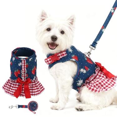 Imagem de EXPAWLORER Arreio para cães pequenos e médios, vestido xadrez com laço e trela, sem asfixia, sem puxar, colete de malha macia, roupas fofas de princesa, para meninas, festas, gatos, azul-marinho, PP