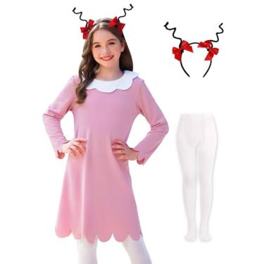Imagem de IIMMER Conjunto de 3 peças de vestido midi rosa de manga comprida com faixa de cabeça e meia-calça para meninas de 4 a 12 anos, rosa, 12 Anos