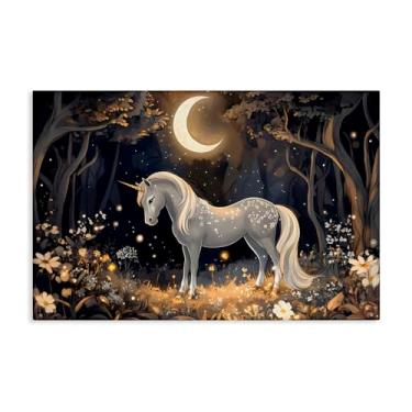 Imagem de Stupell Industries Arte de parede em tela de unicórnio de conto de fadas iluminada pela lua, design por Creative Studio, 40 x 61 cm