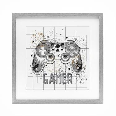Imagem de Stupell Industries Gamer with Pixel Splatter Gray Impressão emoldurada sob vidro, design por Kim Allen, 40,6 x 40,6 cm