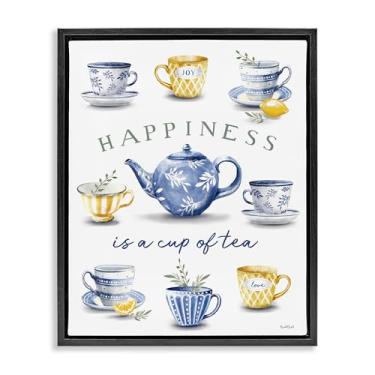 Imagem de Stupell Industries Happiness is a Cup of Tea Arte de parede em tela flutuante emoldurada preta, design por Elizabeth Tyndall, 89 x 63 cm