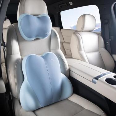 Imagem de FLORICH Almofada de apoio lombar com encosto de cabeça de carro, almofada traseira para cadeiras, almofada ergonômica de espuma viscoelástica ultrafina para cadeira de escritório (azul)