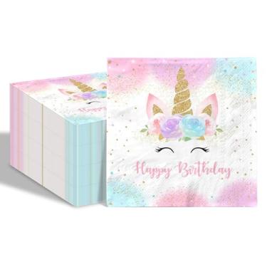Imagem de Joliaco 80 guardanapos de papel de aniversário de unicórnio pastel arco-íris unicórnio guardanapos descartáveis glitter estrelas unicórnio guardanapos para meninas artigos de festa de aniversário
