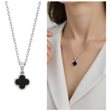 Imagem de Colar De Trevo Preto Gargantilha Feminino Aço Inox Prateado - WB Fashi