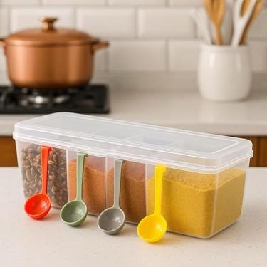 Imagem de Porta Temperos e Condimentos com 4 Divisórias, Organizador de Cozinha com Conchas, Armazenamento de Especiarias