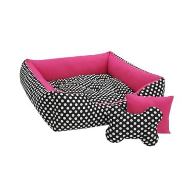 Imagem de Cama Para Cachorro 70x50cm Acompanha Para Almofada Central e ossinho e almofadinha(Poa/Preto/Pink)