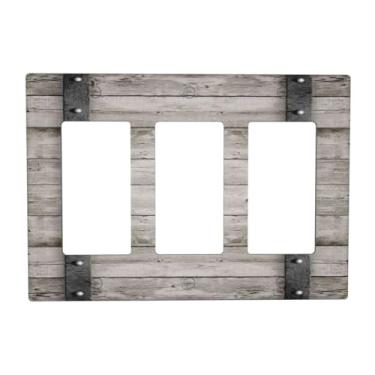 Imagem de DWBGUO Capas de tomada decorativas com barril de madeira de carvalho cinza vintage com design de faixas de ferro, placa de parede de 3 gangues, capa de interruptor de luz tripla para decoração de casa