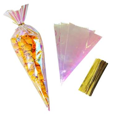 Imagem de FERENLI 50 sacos de guloseimas holográficas iridescentes de celofane holográfico iridescente de 25,4 x 40,4 cm com laços torcidos para doces pipoca lanche embalagem de lembrancinhas de festa de