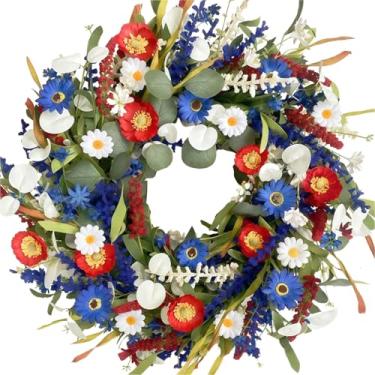 Imagem de Memorial Day & 4th of July Wreath, 45 cm / 45.0 cm, vermelho branco azul cores patrióticas, guirlanda de flores de seda elegante para portas, frente, paredes, espelhos decoração
