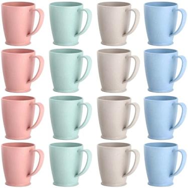 Imagem de Pacote com 16 copos de palha de trigo com alças, canecas de plástico reutilizáveis para café, bebidas quentes e frias, seguro para lava-louças e micro-ondas, 4 opções de cores