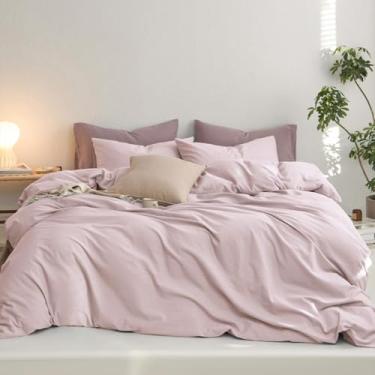 Imagem de MooMee Conjunto de capa de edredom Queen, 100% algodão lavado, como sarja, material resistente, super macio, respirável, roupa de cama durável para todas as estações, 3 peças (rosa acinzentado, Queen