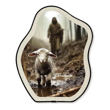 Imagem de Arte de parede com moldura de metal cristão, decoração de oração de serenidade de Jesus, Jesus correndo atrás do cordeiro perdido, decoração oval curvada para pendurar na parede ou mesa, escada