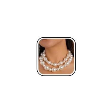 Imagem de Colar grosso de pérolas grandes com contas em camadas para mulheres exageradas, geométrico, falso, pérola, gargantilha empilhada, camadas duplas, joias grandes, Large, Zinco, Sem Pedra Preciosa