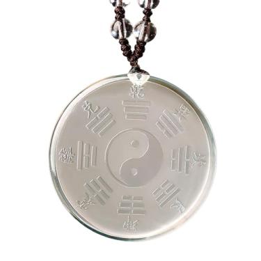 Imagem de Chiorgone Colar com pingente Yin-Yang Bagua de cristal branco natural – Cartão Taiji Bagua polido antigo, joia de equilíbrio energético Feng Shui para meditação e cura de chacras (presente para homens