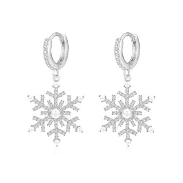 Imagem de YOQUCOL Brincos de argola de floco de neve cintilante zircônia cúbica prata Natal floco de neve brincos pendentes para mulheres-02