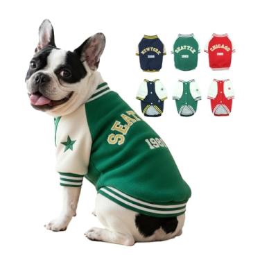 Imagem de LUVMOJO Jaqueta universitária de lã para cães de porte médio e grande, casaco de inverno para feriados, moletons elegantes para meninos e meninas ao ar livre, casacos esportivos verdes para cães