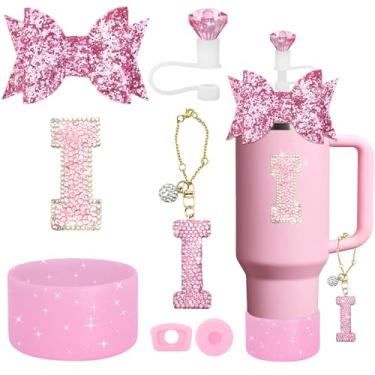 Imagem de YesMvpMvp Conjunto de acessórios de copo Stanley de 7 peças, pingente de letra para copos Stanley, incluindo canudo de diamante, canudo de laço, bota de silicone brilhante para Owala 850 g e 1,134 g