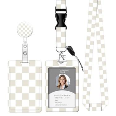 Imagem de Cordão retrátil para crachá de identificação com clipe e chaveiro, ajustável, bonito carretel de separação, durável, perfeito para mulheres enfermeiras, professoras, trabalhadoras de escritório (bege