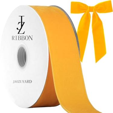 Imagem de JaoZuyard Fita de veludo amarela dourada de 3,5 cm x 10 metros fita de veludo amarela dourada para embrulho de presente decoração de Natal artesanato grinaldas suprimentos contínuo para decoração de