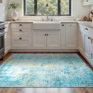 Imagem de Tapete de área, 10 x 15 cm, azul-petróleo, lavável, tapetes boêmios, antiderrapantes, abstratos, pequenos tapetes para entrada, quarto, cozinha, sala de aula, quarto infantil, escritório, dormitório,