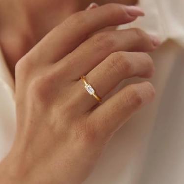 Imagem de Anel feminino de zircônia cúbica banhado a ouro 18K | Anel fino de zircônia branca | Joias femininas | Tamanho 6-11 (ouro/prata), Cobre, Sem pedra preciosa