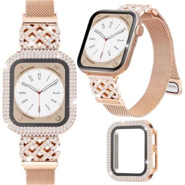 Imagem de Pulseira de metal para Apple Watch séries 9, 8 e 7 de 41 mm com capa de relógio brilhante, pulseira fina magnética elegante de ouro rosa para meninas, pulseira elegante de malha de aço inoxidável para