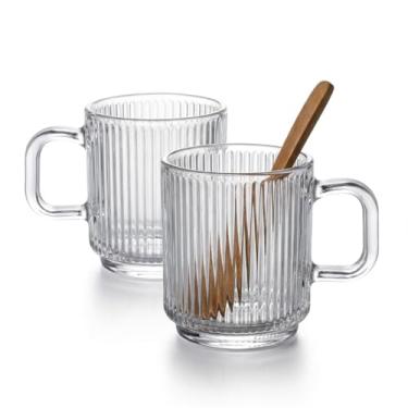 Imagem de Kit 2 Canecas Vidro Canelada 350ml Jogo Xícaras Café Chá Grosso Grafiato Premium Grande Leite Copo Americano Alça Grossa Resistente Choque Térmico