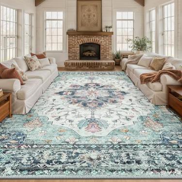 Imagem de RELEANY Tapetes de área 25 x 30 cm, lavável, antiderrapante, estampa floral, vintage, tapete medalhão para sala de estar, quarto, sala de jantar, verde, azul marinho, branco, vermelho, azul-petróleo