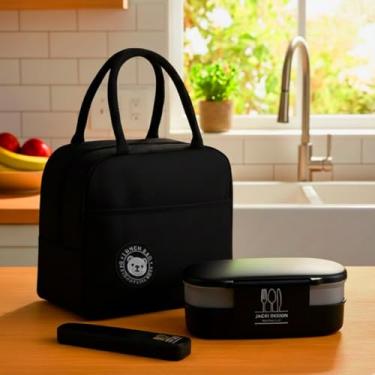 Imagem de Kit Bolsa Térmica Lancheira Necessaire com Porta Talheres Portátil e Pote Marmita 2 Andares de 950ml Para Vaigem Armazena Aliementos Primum (Preto)