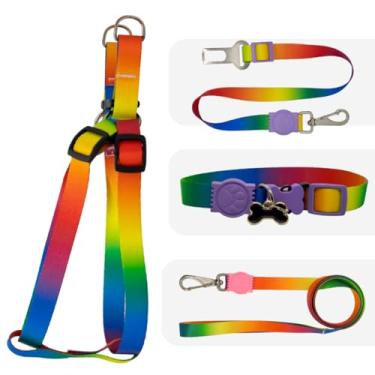 Imagem de Kit Coleira, Peitoral e Cinto de Segurança para Cachorro | Fita de Seda Néon Ajustável, Super Resistente e Confortável | Guia com Trava de Segurança para Passeios e Viagens(Colorido,M)