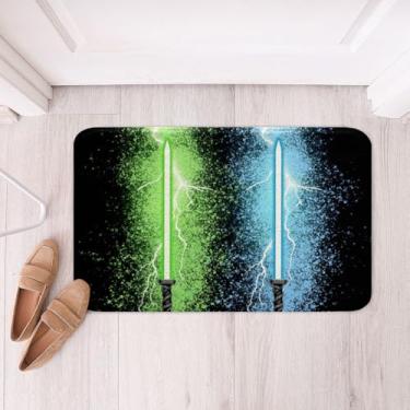 Imagem de Tapete de banheiro verde azul sabre de luz, aquarela tie dye graffiti tapete de banho microfibra de lã macia, neon brilhante relâmpago tapete de porta de entrada para banheira de chão, lavável na