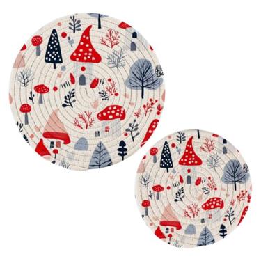 Imagem de Blueangle 2 peças de suporte de panela de gnomo de Natal fofo - conjunto de pegadores de panela de tecido redondo - almofadas quentes trançadas de algodão - porta-copos - tapetes de mesa para cozinhar