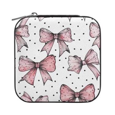 Imagem de SEHANY Caixa de joias personalizada com laço rosa para mulheres, meninas, mini estojo de joias de couro PU, organizador de joias de viagem, caixa de joias para brincos, anéis, colares, presentes para