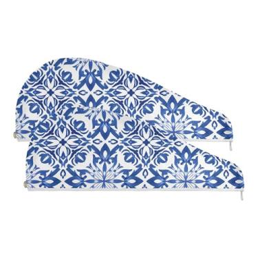 Imagem de SEHANY Bohemia Toalha de cabelo de microfibra flor azul para mulheres 2 peças turbantes de cabelo de secagem rápida com botão, touca de cabelo seco absorvente toalha de secagem de cabelo para cabelos