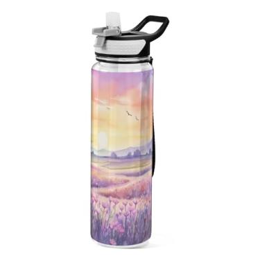 Imagem de ATTX Garrafa de água Sunset in A Purple Field, 947 ml, à prova de vazamento e livre de BPA, garrafas de água reutilizáveis de plástico Tritan para viagens, academia, fitness, corrida #48