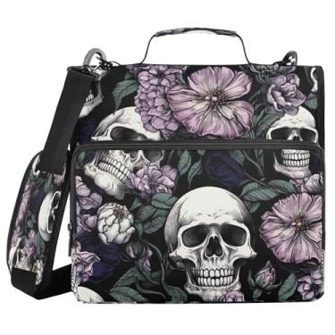 Imagem de SEHANY Fichário com zíper de caveira e flor com alça de ombro, capacidade para 500 folhas, vários bolsos, 3,8 cm, fichário com zíper com 3 anéis