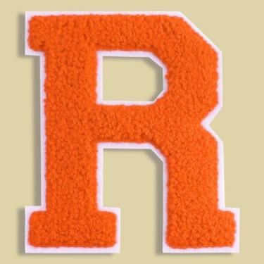 Imagem de QianSiLi Adesivos de letras universitárias de chenille laranja de 11 cm, letras grandes para jaquetas Letterman, moletons com capuz, mochilas, coletes, roupas, adesivos individuais da letra R