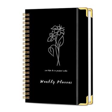 Imagem de KAICN Agenda semanal sem data com caderno de canto de metal, agenda de lista de tarefas A5, diário de rastreador de hábitos com encadernação adesiva, 14,5 x 20,32 cm - preto