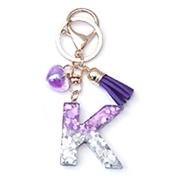 Imagem de 1 peça chaveiros com letras de coração de resina com pingente de borla índigo chaveiros de letras de resina para bolsa, carteira, mochila, Letra K gradiente indigo, 99mm