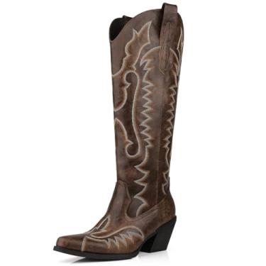 Imagem de DANAZANA Botas femininas de cano alto até o joelho, panturrilha larga, strass, botas caubói, bico fino, salto grosso, bordado brilhante, bota com meio zíper lateral, bota country brilhante, tamanho 6