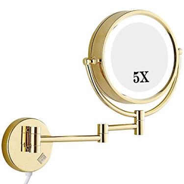 Imagem de Espelho de maquiagem montado na parede 5X, espelho de iluminação de rotação 360, para penteadeira de quarto ou banheiro