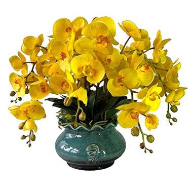 Imagem de LMJYU Flor artificial em vaso de flores artificiais com vaso de cerâmica, plantas em vaso, conjunto de orquídeas amarelas com 7 cabeças para decoração de casa, mesa de centro de mesa