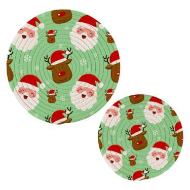 Imagem de Wassud Conjunto de tripé de Papai Noel e alce para pratos quentes, suportes de panela redondos, almofadas quentes de algodão, porta-copos elegantes, decoração de cozinha e acessórios, 2 peças