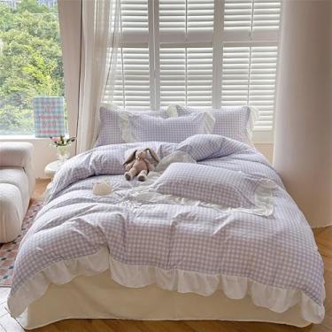 Imagem de XLCZMYL Conjunto de capa de edredom de renda com 4 peças (1 capa de edredom + 1 lençol de cima + 2 fronhas, sem núcleo), conjunto de cama com estampa xadrez rosa, roxo e amarelo creme, 1,5 lençol de