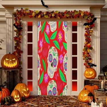 Imagem de Wassud Caveiras de açúcar com decoração de capa de porta floral faixa interna externa decoração de casa de varanda grande decoração de porta da frente 96 x 98 polegadas